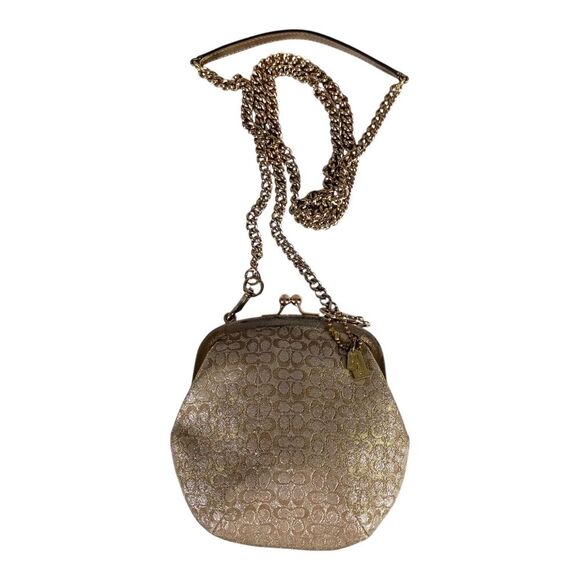 Coach Lurex Kisslock Pouch Clutch Bag Frame Crossbody Shoulder Gold Silver - Picture 1 of 11